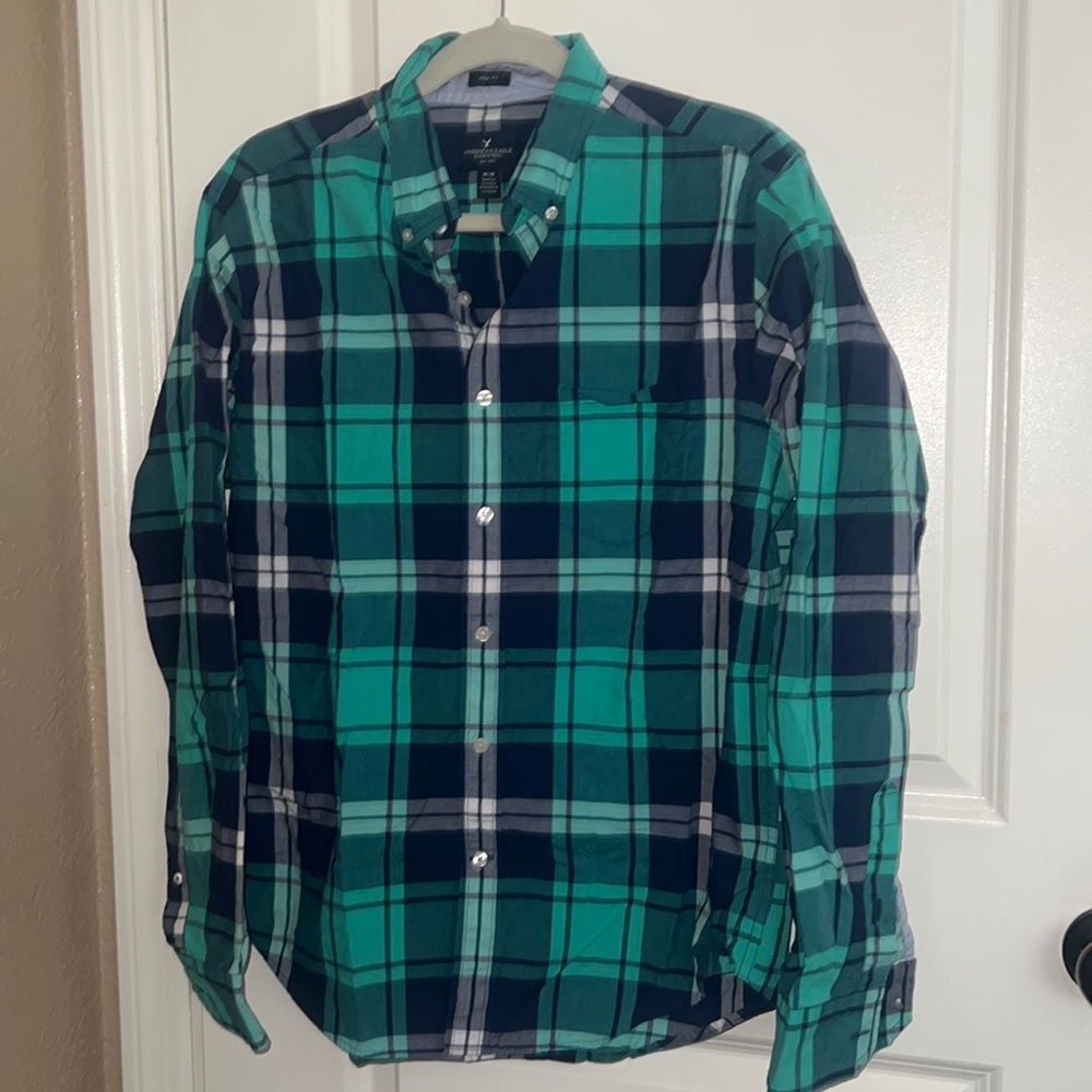 Aeo Navy And Teal Checkered Pattern Button Down - image 6